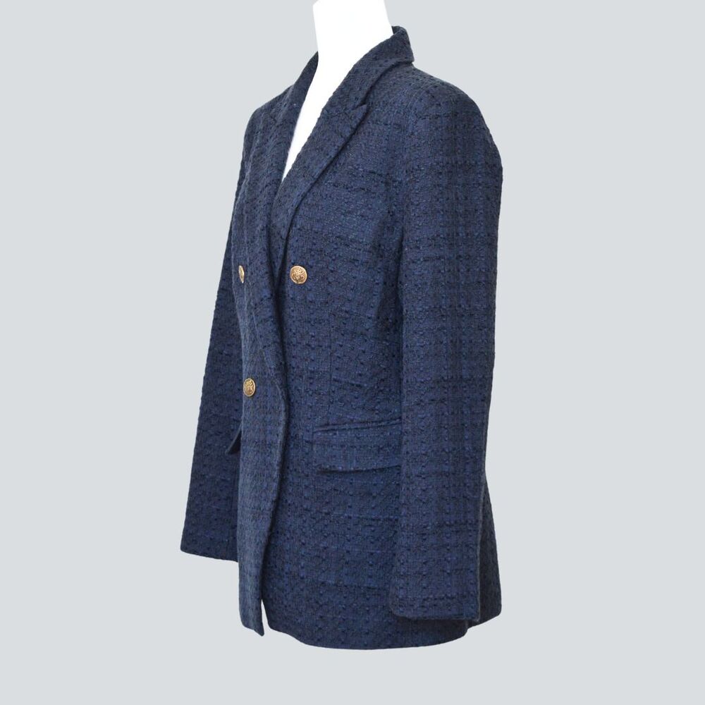 LOFT Navy Tweed/ Boucle Double-Breasted Blazer With Gold-Tone Buttons Size 10 - Picture 3 of 11